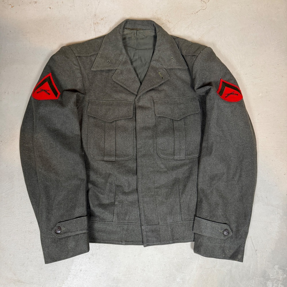 Vintage USMC Wool Ike Jacket Mens Green Military Field Coat PFC Patches 42 Chest